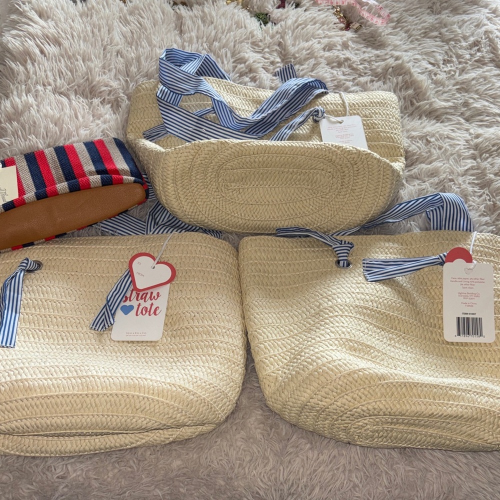 Striped Ribbon Straw Tote in Blue - Women Bags